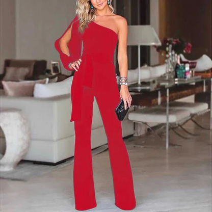 Women's One-Shoulder Jumpsuit - Asymmetrical Neckline - Belted Waist - Flared Leg
