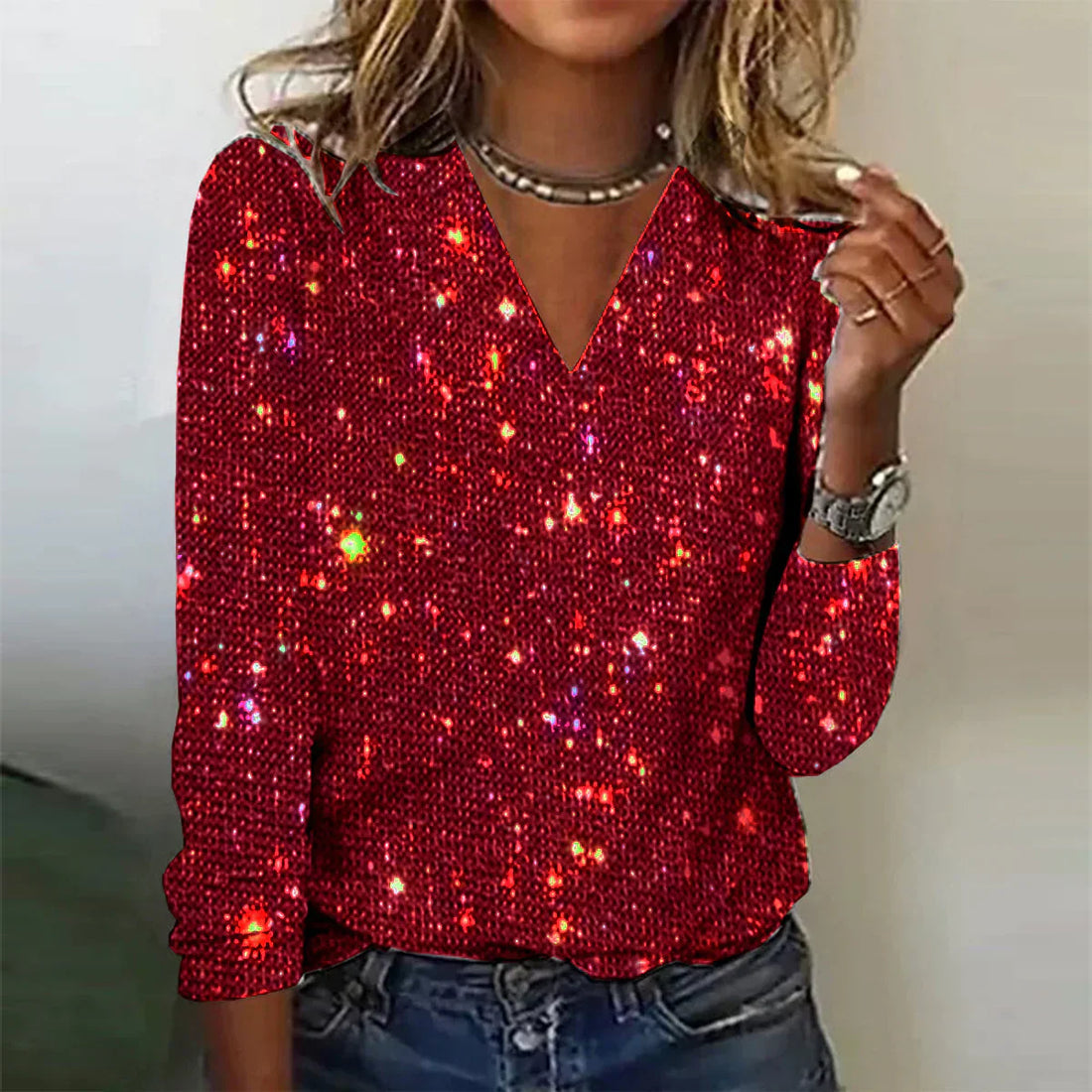 Women's sparkling printed V-neck long sleeve top, sequin party wear, elegant style