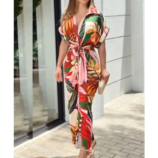 Tropical Print Tie Waist Flowy Maxi Dress