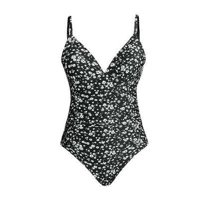 Women’s One-Piece Swimsuit – V-Neck – Floral Print – Ribbed Texture – Adjustable Straps
