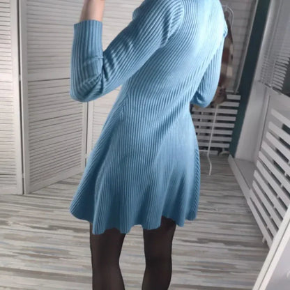 Women's Knitted Ribbed Mini Dress - Long Sleeve - Fitted A-Line Silhouette