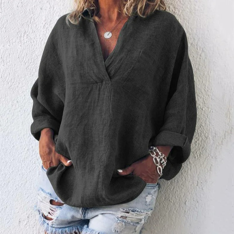 Women's Oversized Linen Blouse - V-Neck Collared - Long Sleeve Lightweight Casual Wear