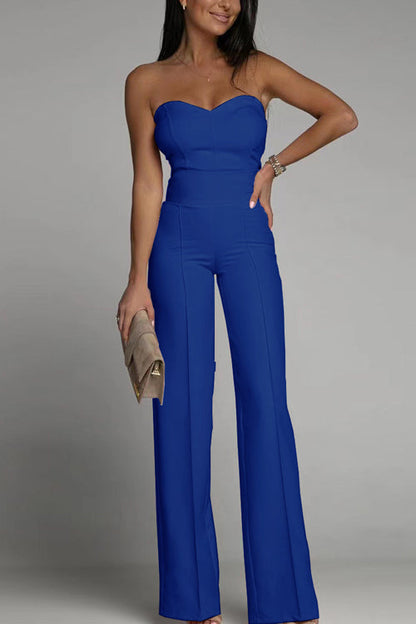 Women’s Strapless Jumpsuit – Fitted Bodice – High Waist – Flared Leg – Formal Fit