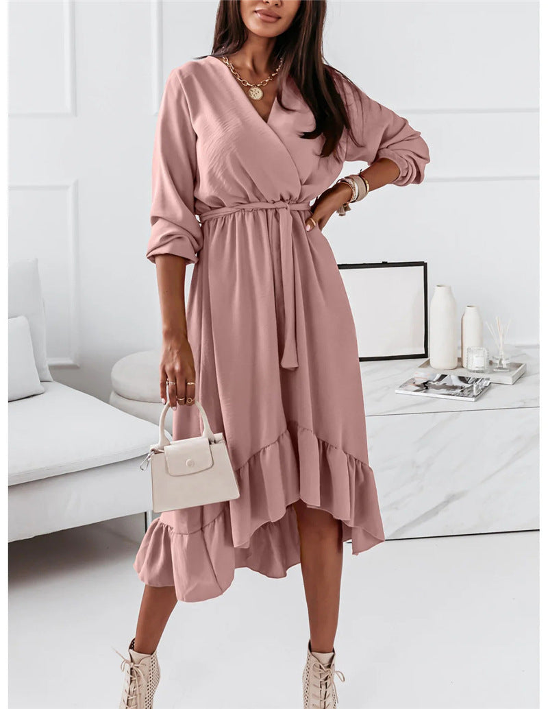 Women's Wrap Dress - V-Neck - Long Sleeve - Tie Waist - Ruffle Hem Elegant Fit