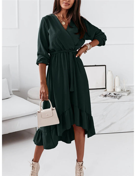 Ruffle Hem Tie Waist Wrap Dress