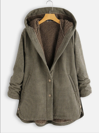 Women’s Hooded Coat - Sherpa Lined - Plaid Pattern - Button-Up - Relaxed Fit Casual Outerwear