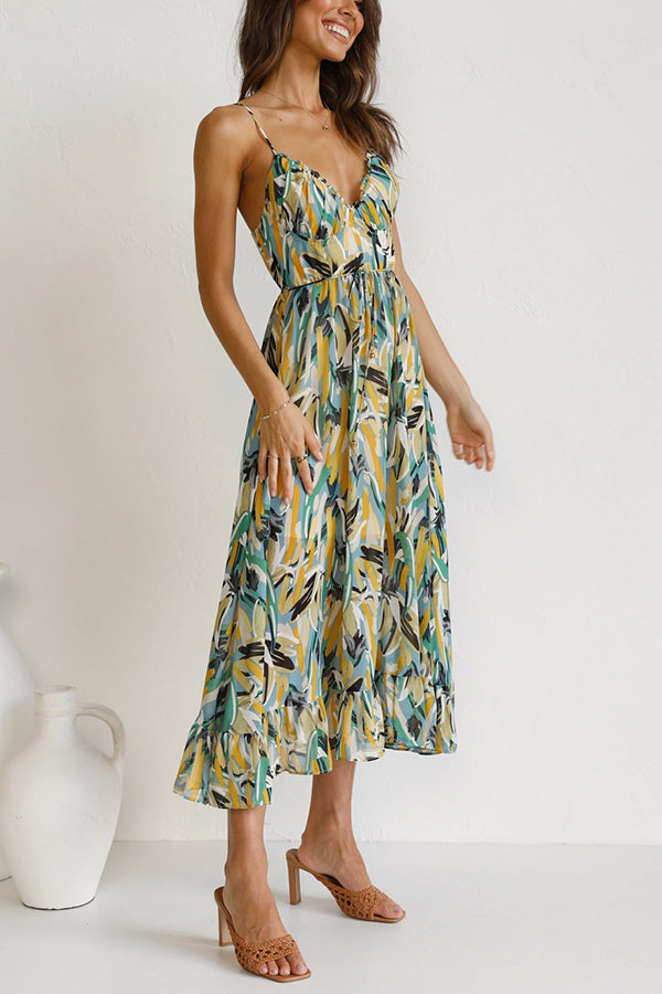 Women's Maxi Dress - Abstract Print - Plunging V-Neck - Spaghetti Straps - Flowing Fit