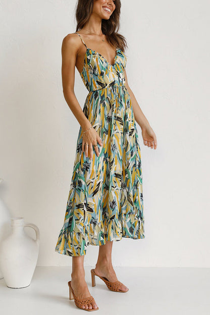 Women's Maxi Dress - Abstract Print - Plunging V-Neck - Spaghetti Straps - Flowing Fit