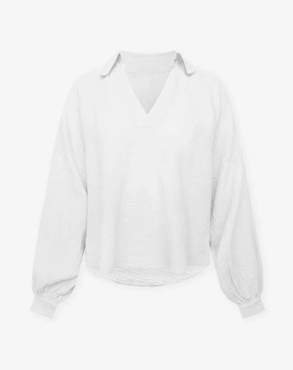 Women's V-Neck Blouse - Relaxed Fit - Long Sleeve with Cuffed Wrists - Lightweight