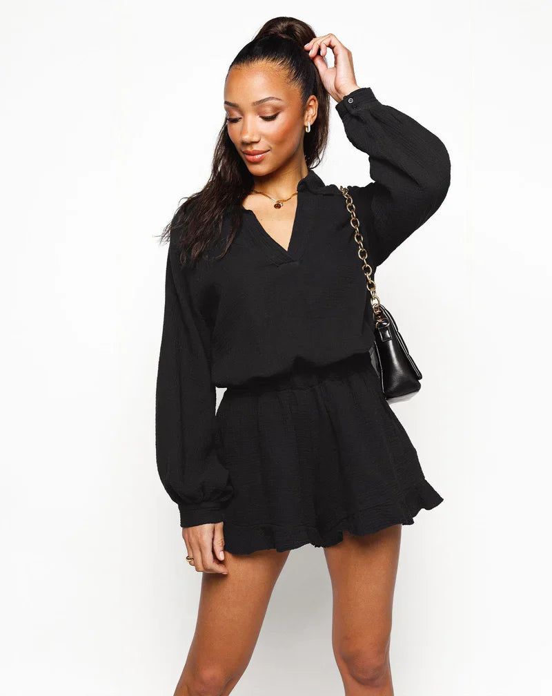 Women's V-Neck Blouse - Relaxed Fit - Long Sleeve with Cuffed Wrists - Lightweight