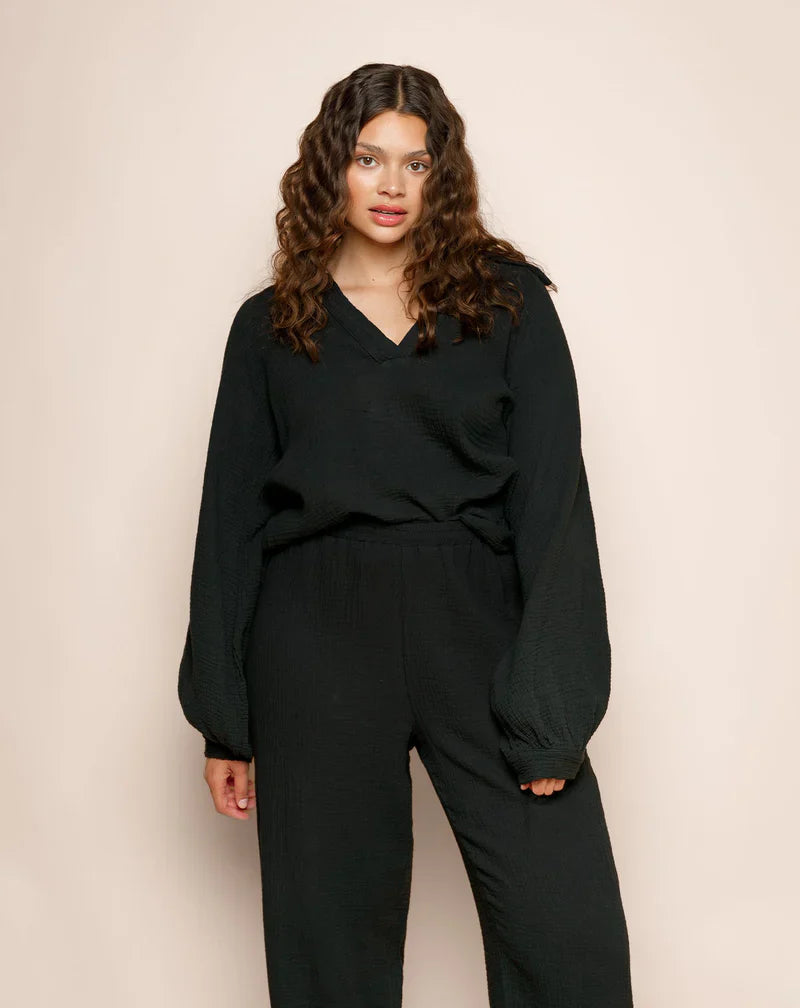 Women's V-Neck Blouse - Relaxed Fit - Long Sleeve with Cuffed Wrists - Lightweight