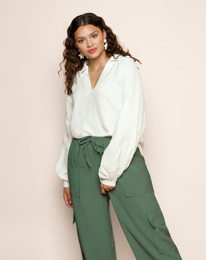 Women's V-Neck Blouse - Relaxed Fit - Long Sleeve with Cuffed Wrists - Lightweight
