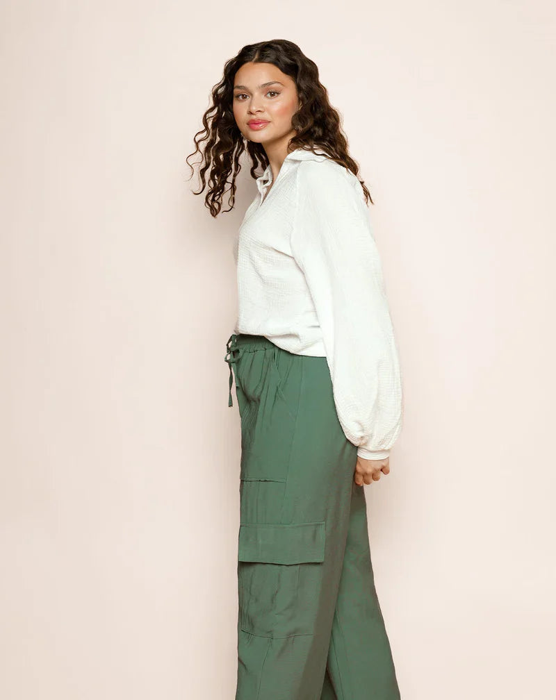 Women's V-Neck Blouse - Relaxed Fit - Long Sleeve with Cuffed Wrists - Lightweight