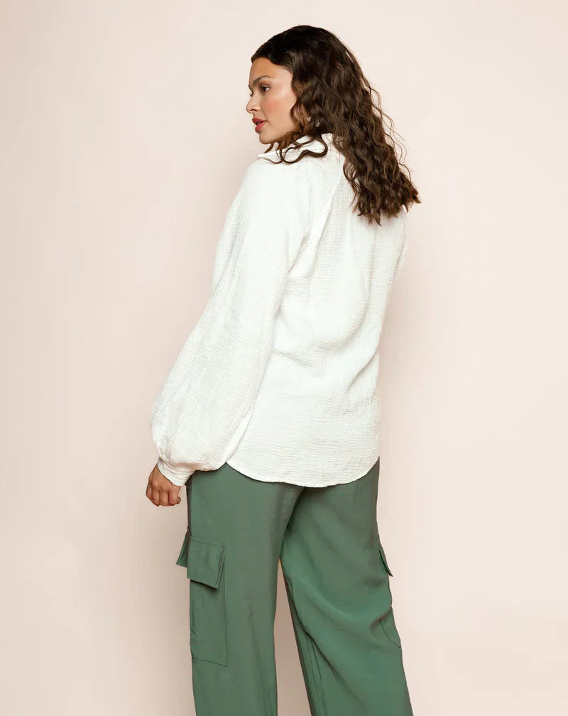 Women's V-Neck Blouse - Relaxed Fit - Long Sleeve with Cuffed Wrists - Lightweight
