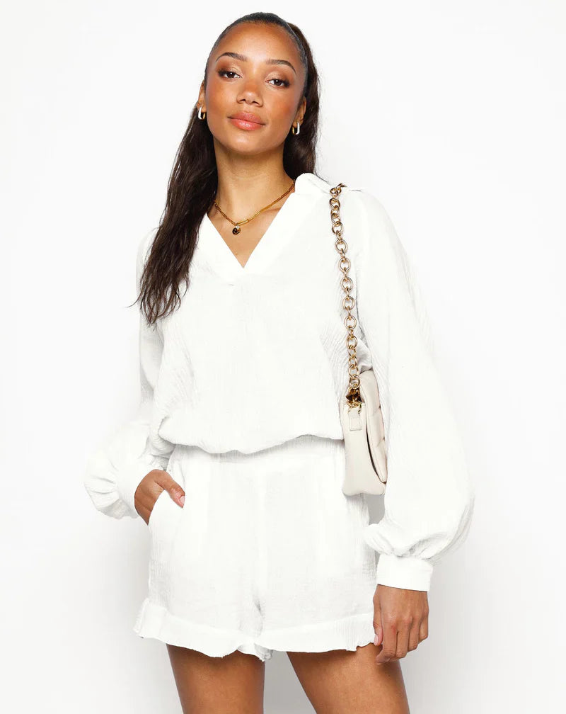 Women's V-Neck Blouse - Relaxed Fit - Long Sleeve with Cuffed Wrists - Lightweight