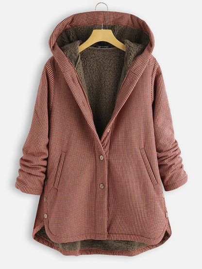 Women’s Hooded Coat - Sherpa Lined - Plaid Pattern - Button-Up - Relaxed Fit Casual Outerwear