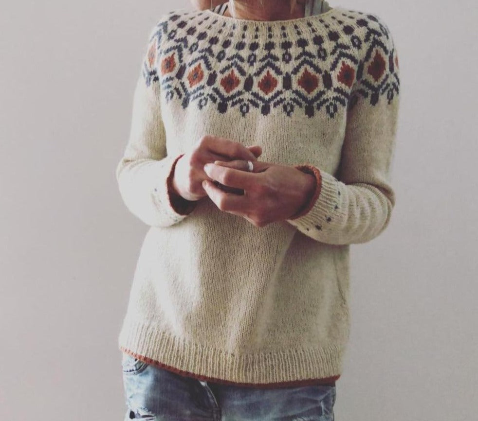 Women's off-white argyle chevron knit pullover sweater