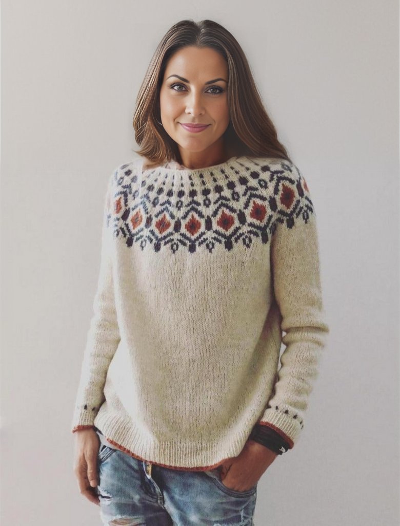 Women's off-white argyle chevron knit pullover sweater