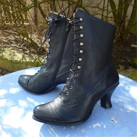Leather Lace-Up Pointed Toe Ankle Boots
