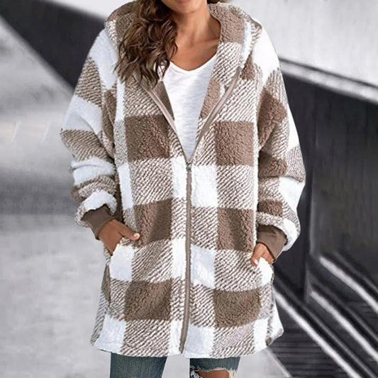 Plaid Zip-Up Hooded Mid-Length Jacket