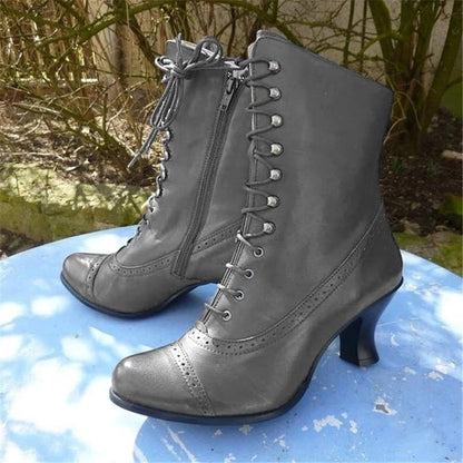 Women’s Ankle Boots - Leather - Pointed Toe - Lace-Up - Side Zipper Closure