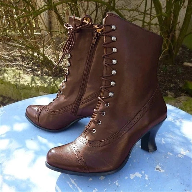 Leather Lace-Up Pointed Toe Ankle Boots