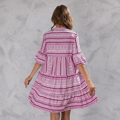 Women's Tunic Dress - Lightweight Fabric - Relaxed Fit - V-Neck & 3/4 Sleeves