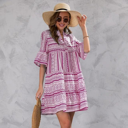 Women's Tunic Dress - Lightweight Fabric - Relaxed Fit - V-Neck & 3/4 Sleeves