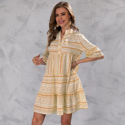 Women's Tunic Dress - Lightweight Fabric - Relaxed Fit - V-Neck & 3/4 Sleeves