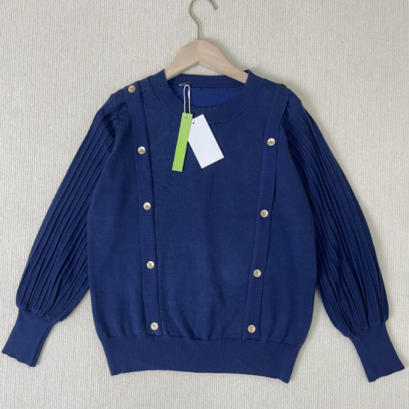 Women's plain round neck sweater with button design