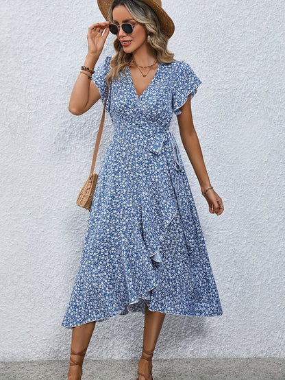 Women's Wrap Dress - Floral Print - V-Neck - Short Ruffle Sleeves - Midi Length