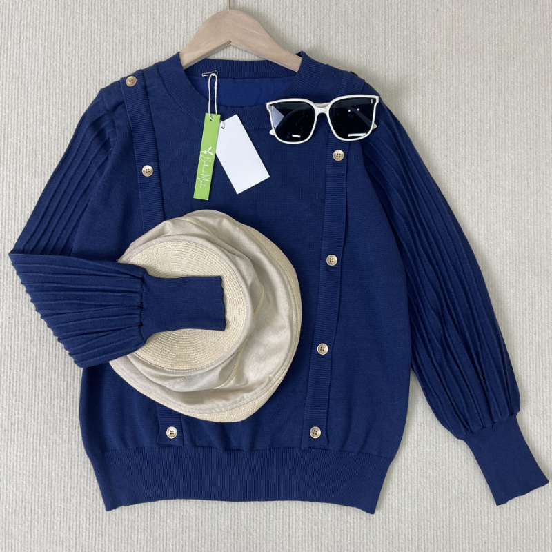Women's plain round neck sweater with button design