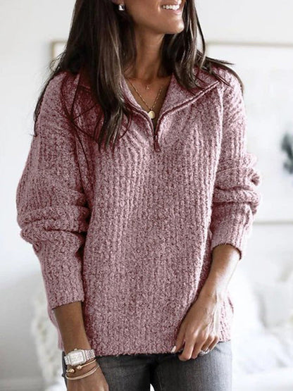 Women’s Knit Sweater Jacket – Wool Blend – Ribbed Texture – Half Zip – Relaxed Fit
