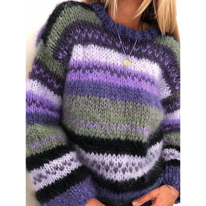 Women's Chunky Knit Sweater - Mohair Blend - Oversized Fit - Crew Neck Striped Pattern