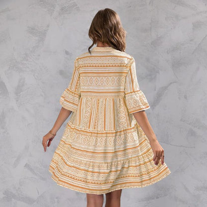 Women's Tunic Dress - Lightweight Fabric - Relaxed Fit - V-Neck & 3/4 Sleeves