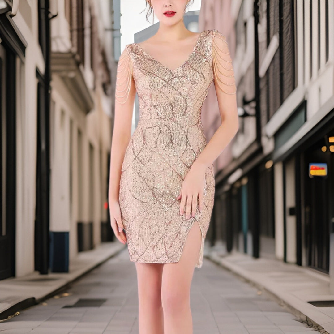 Sequin Sparkle Fitted V-Neck Cocktail Dress