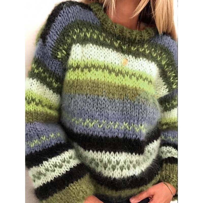 Women's Chunky Knit Sweater - Mohair Blend - Oversized Fit - Crew Neck Striped Pattern