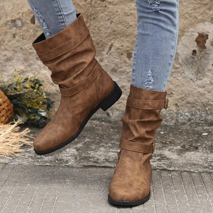 Women's retro charm slouchy buckle strap western ankle boots