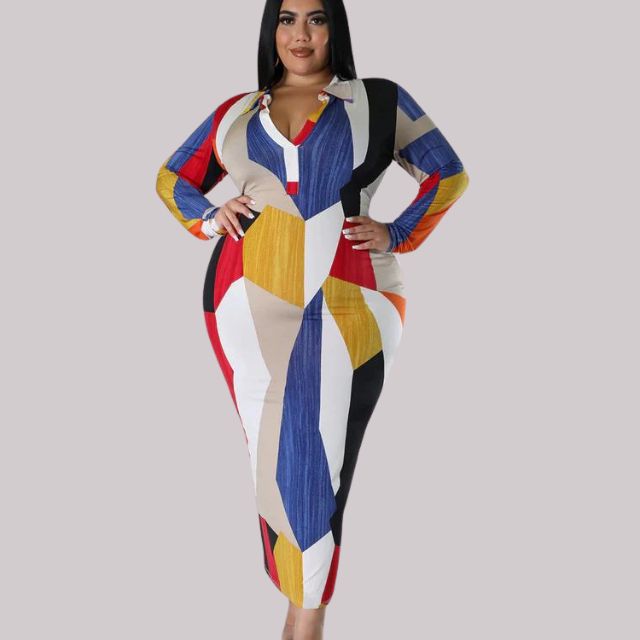 Abstract Print Long Sleeve Midi Dress
