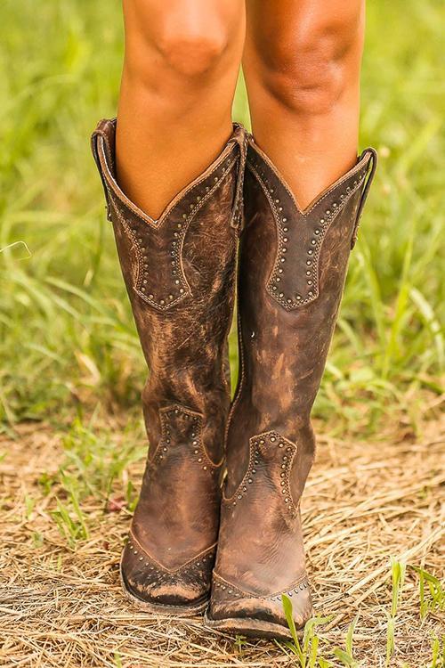 Distressed Leather Mid-Calf Pointed Toe Boots