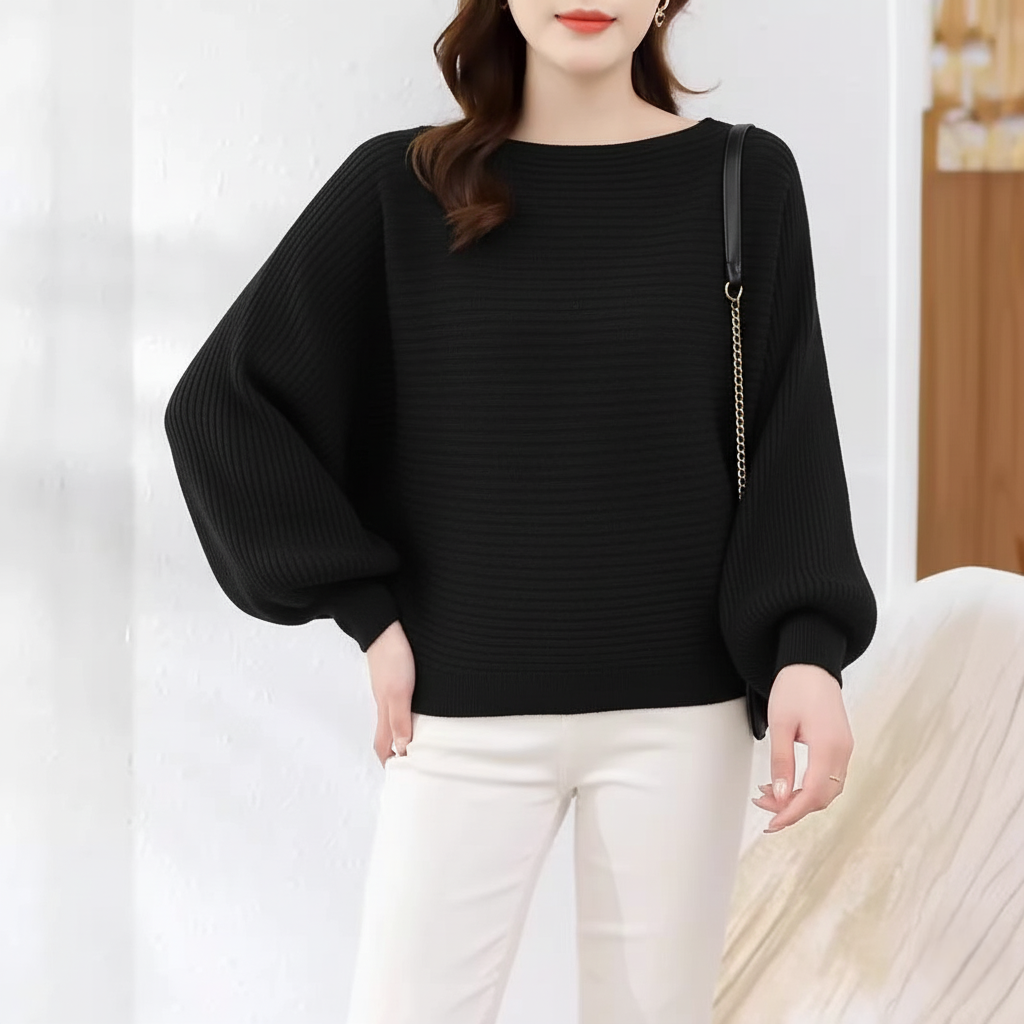 Ribbed Pullover Top - Casual Balloon Sleeve Sweater 
