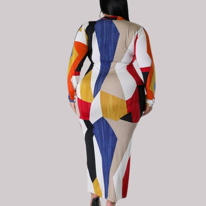Women's Abstract Print Long Sleeve Midi Dress