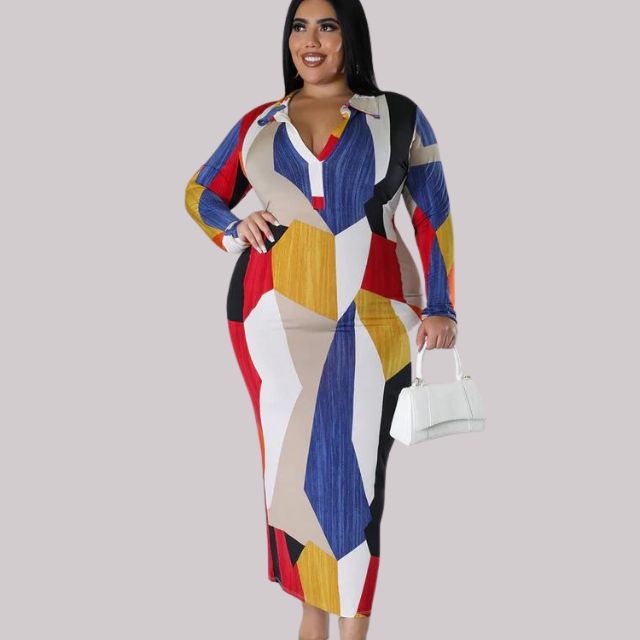 Women's Abstract Print Long Sleeve Midi Dress