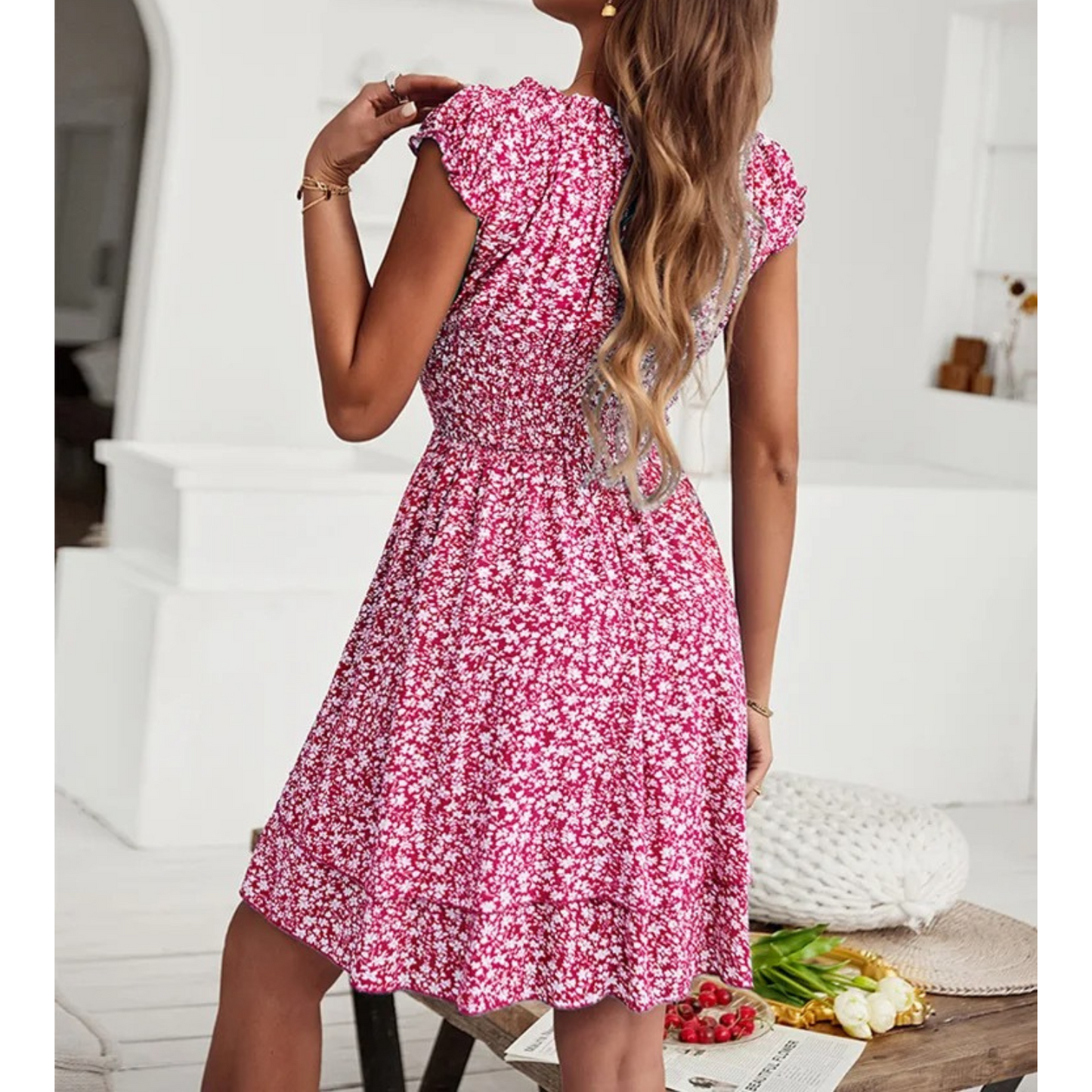 Women’s Off-Shoulder Dress - Smocked Bodice - Ruffled Sleeves - Flowy A-Line Casual Wear