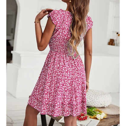 Women’s Off-Shoulder Dress - Smocked Bodice - Ruffled Sleeves - Flowy A-Line Casual Wear