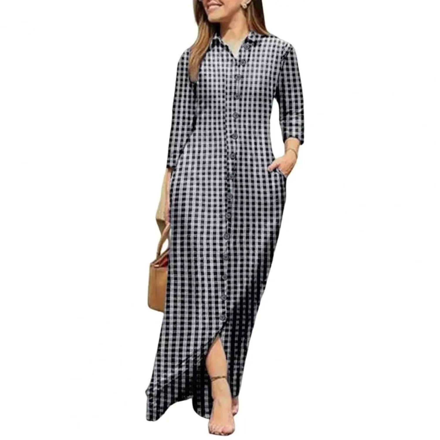 Lightweight Check Collar Button-Down Shirt Dress