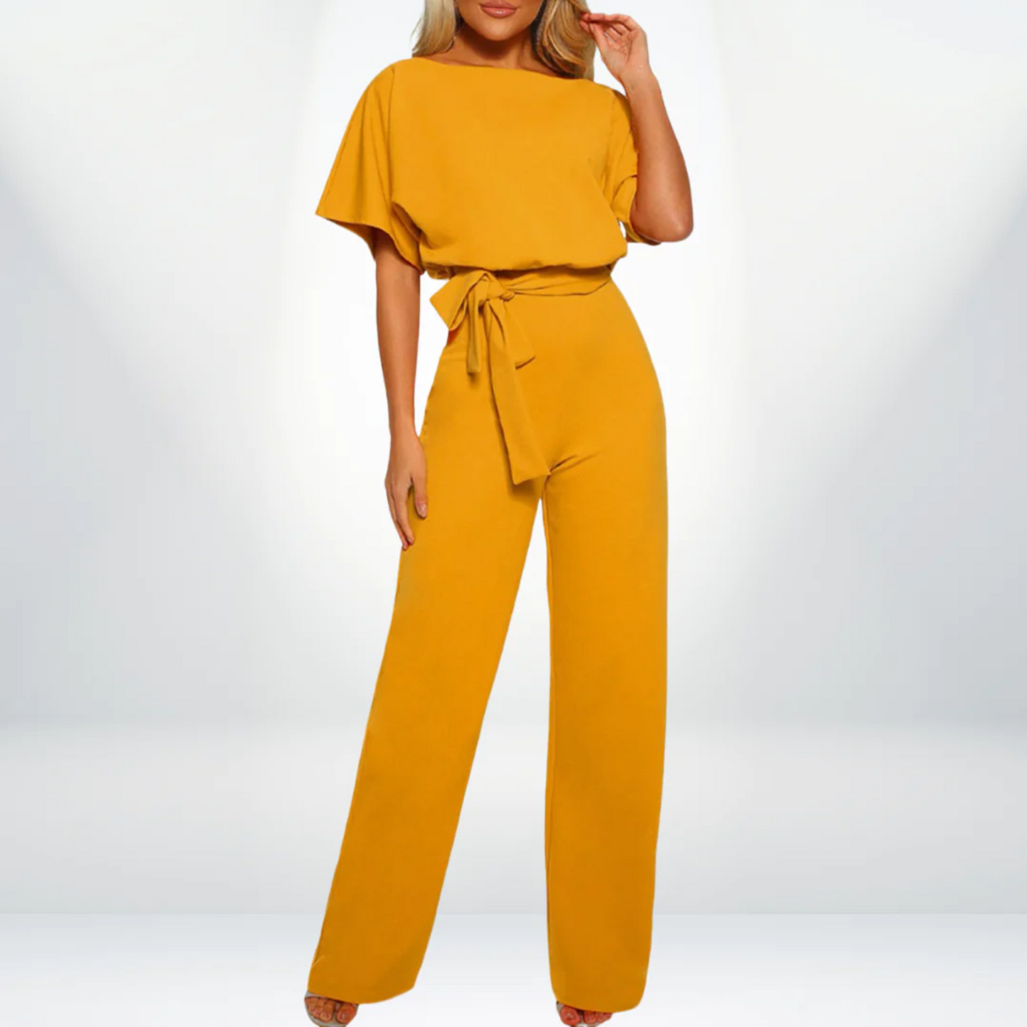 Women's Jumpsuit - Short Sleeve Boat Neck - Tailored Fit Wide-Leg - Belted Waist