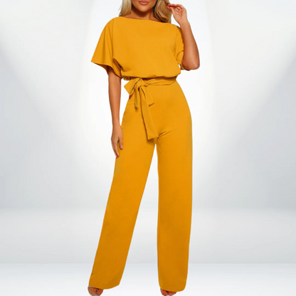 Women's Jumpsuit - Short Sleeve Boat Neck - Tailored Fit Wide-Leg - Belted Waist