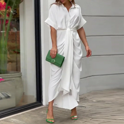 Women's Maxi Dress - Tropical Print - V-Neck - Short Sleeve - Tie Waist - Flowy Elegant