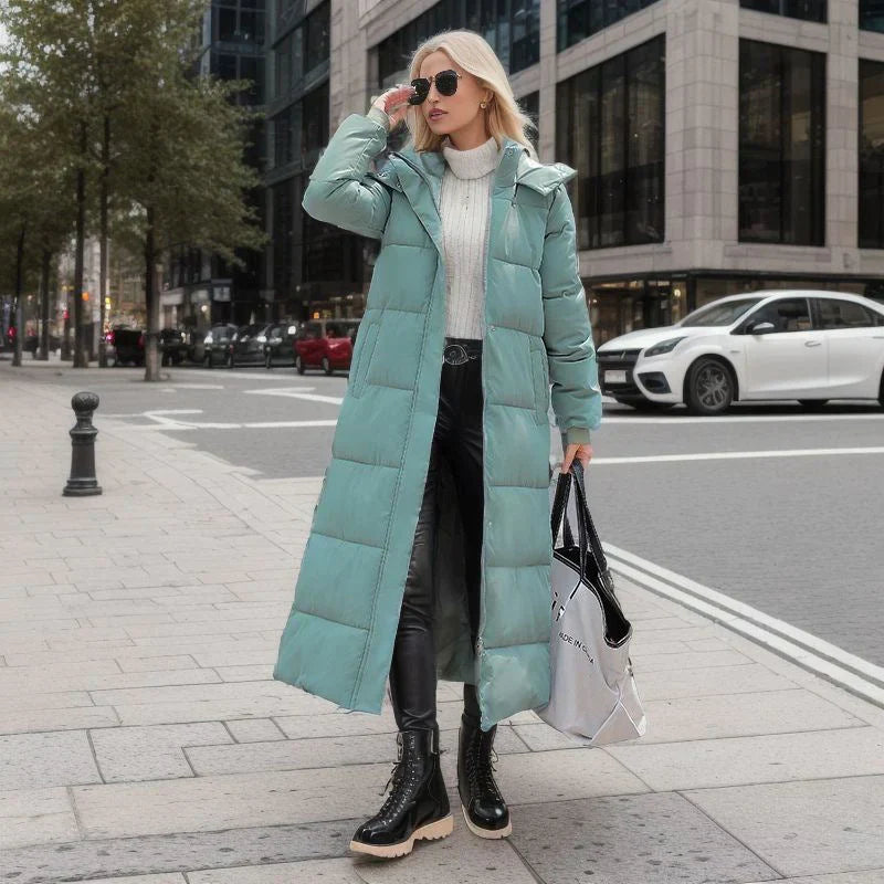 Long padded hooded winter coat jacket for women